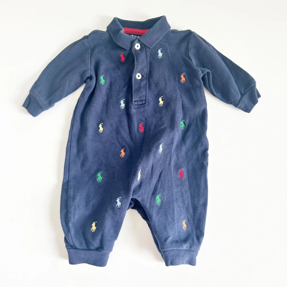 Ralph‎ Lauren Baby Boys Navy Multi Pony Embroidery Preppy Polo Romper Size 3M